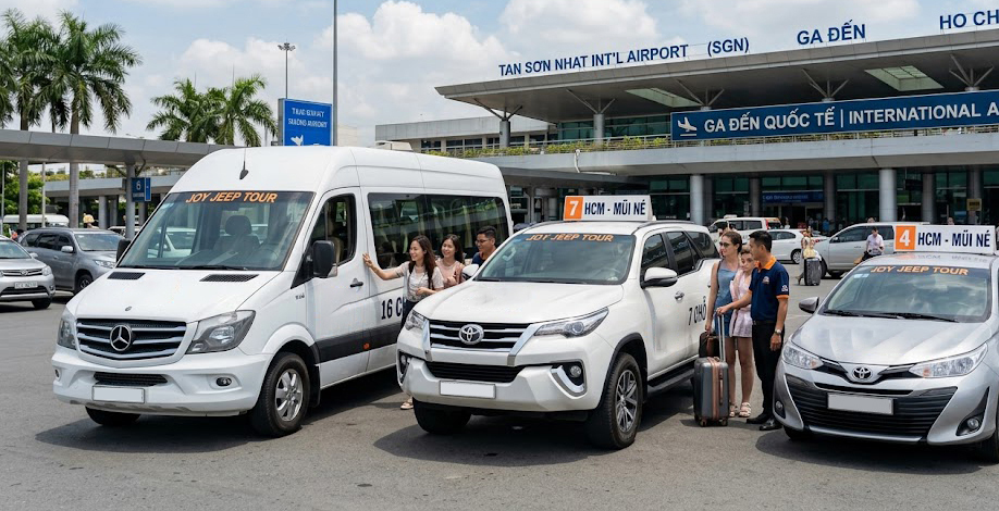 Xe đưa đón màu trắng đỗ trước nhà ga sân bay, phục vụ Tour Mũi Né từ TP.HCM